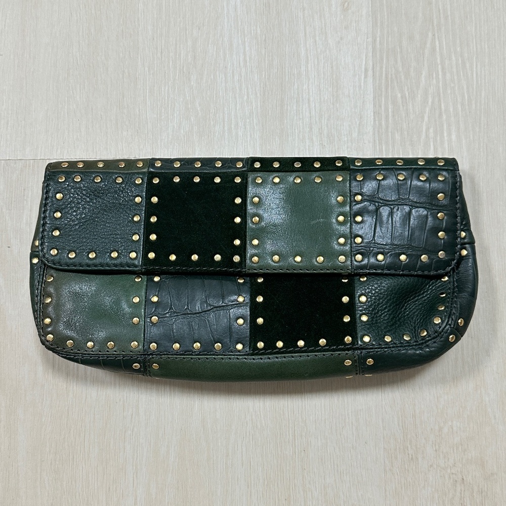 Rare Michael Kors Green and Gold Genuine Leather and Suede Patchwork Clutch